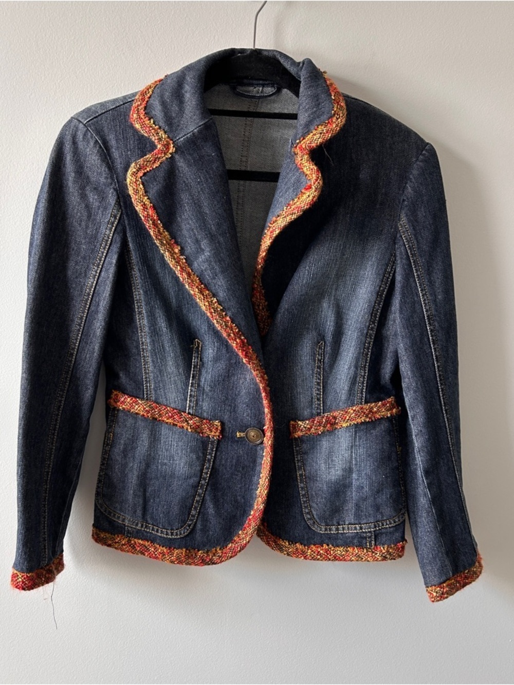Betty Barclay Denim Women's Blazer Size 6 Orange Trim Boho Artsy